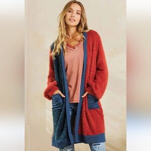 Ces Femme open cardigan, Blue-green & Rust, Sz M
